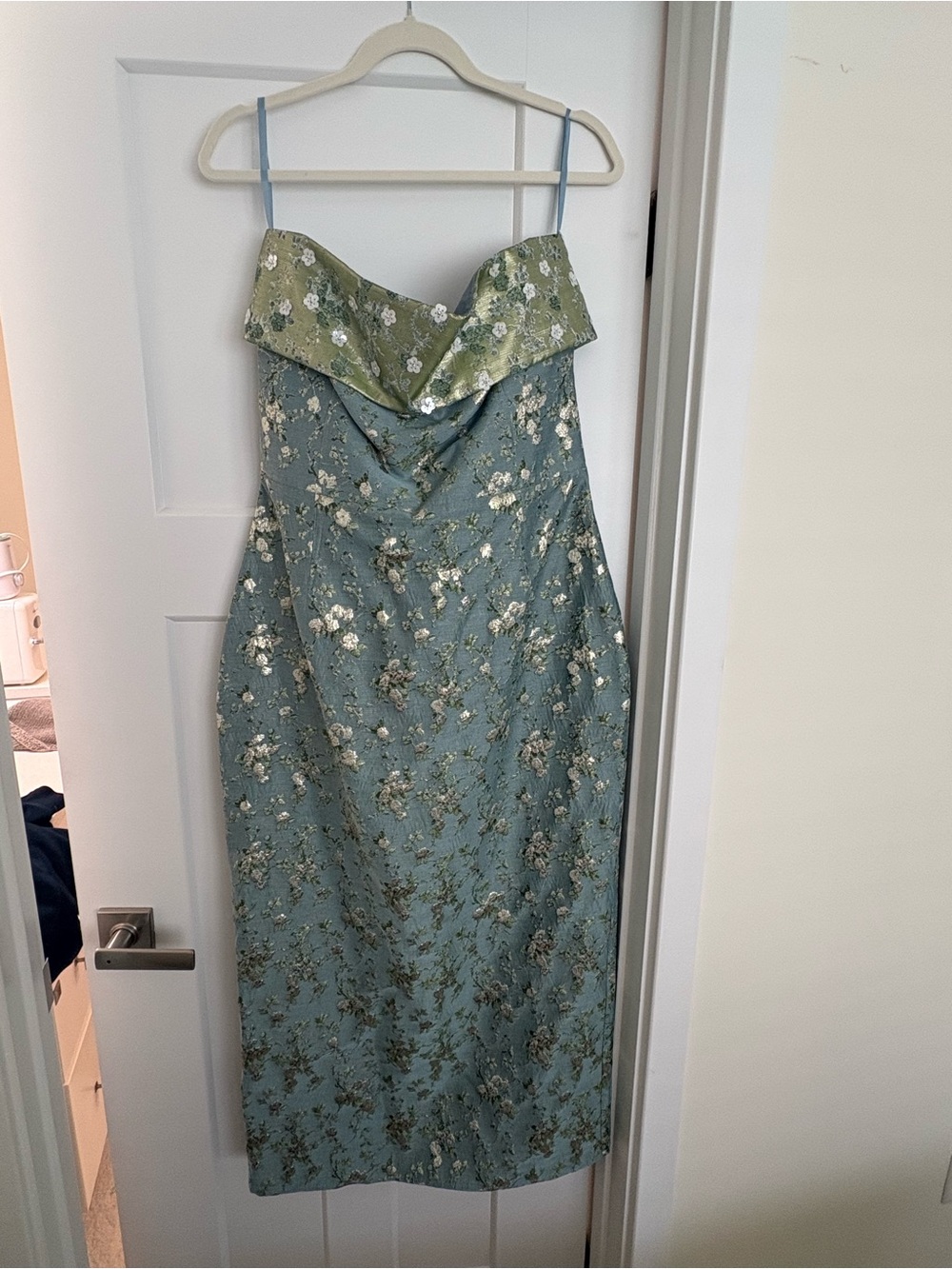 V. Chapman Sage-Green and Light Blue Metallic Floral Strapless Dress